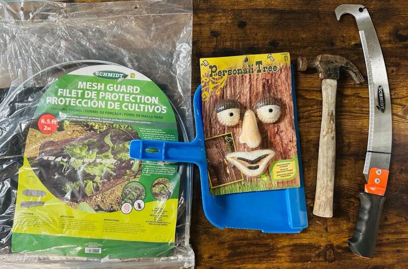 5 Assorted Home and Garden Items, Includes Seedling Tunnel Mesh Guard, Tree Face Deco, Pruning Saw, Hammer, and Dustpan