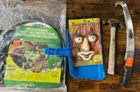 5 Assorted Home and Garden Items, Includes Seedling Tunnel Mesh Guard, Tree Face Deco, Pruning Saw, Hammer, and Dustpan