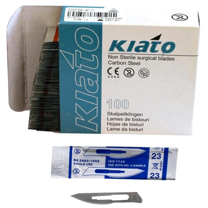100pcs New KIATO No.23 NON-STERILE SWEDISH Carbon Steel Long Edge Cutting Edge Ultra Thin Sharp Scalpel Blades FOR CRAFTING ONLY [EXP 09/2024)