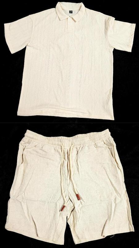 New Size Med Men's MANFINITY Knit Golf Shirt & Linen Blend Drawstring Shorts (30% Linen, 70% Viscose)