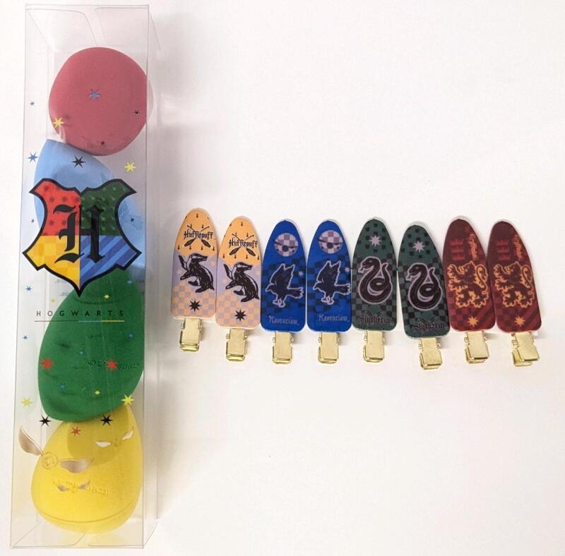 New Licensed HARRY POTTER 4-Pack Hogwarts House Colours Makeup Sponges & 8-Pack House Symbols Hair Clips 2.25" Long