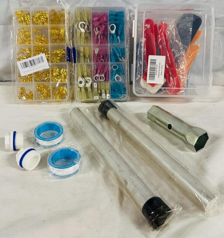 Assorted Home Goods and Utility Items, Includes Shrink Connector Kit, Caulking Tools, RV Water Heater Anode Rod Kit, and Hair Cuffs