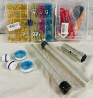 Assorted Home Goods and Utility Items, Includes Shrink Connector Kit, Caulking Tools, RV Water Heater Anode Rod Kit, and Hair Cuffs