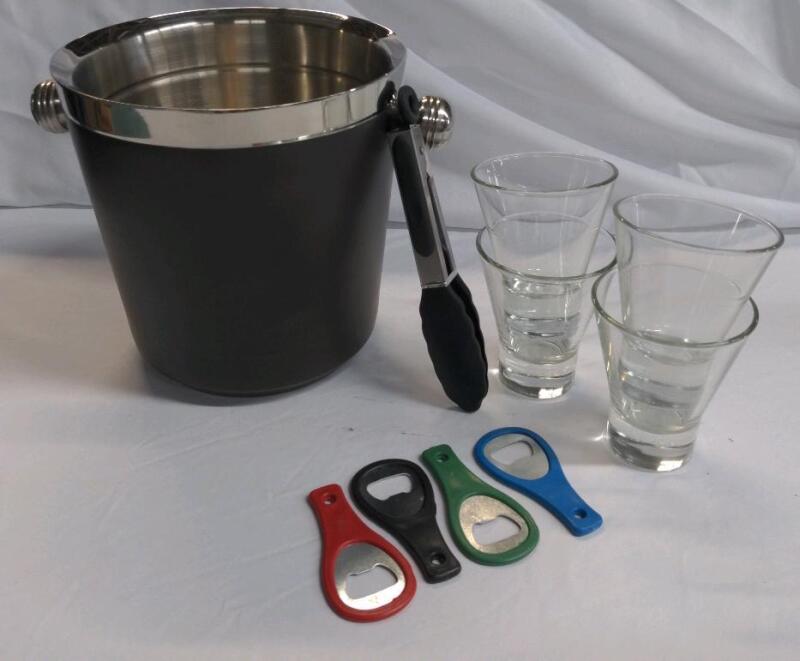 Double-walled ice bucket, Black, includes Ice Tongs, 4 Bottle Cap Openers, 4 Glass Tumblers