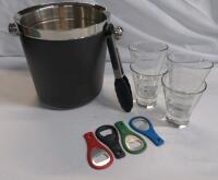 Double-walled ice bucket, Black, includes Ice Tongs, 4 Bottle Cap Openers, 4 Glass Tumblers