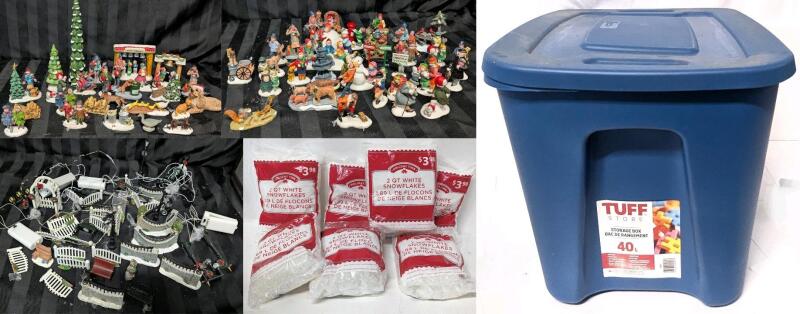 6 New 2QT Bags Artificial Snowflakes, Huge Number of Holiday Village Miniatures, Figures & Infrastructure in Ceramic, Resin + Plastic, All in a 40L (19.75" &times; 14.5" &times; 13.25") Lidded Bin