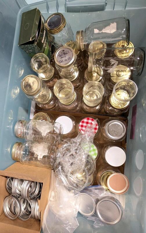 CANNING SUPPLIES! 20+ 1-3pt Mason Jars, Reused Sauce Jars, Canning Lids & Plastic Lids, All in a 18.5" &times; 30.5" &times; 13" Tall Storage Bin With Lid