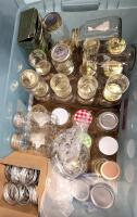 CANNING SUPPLIES! 20+ 1-3pt Mason Jars, Reused Sauce Jars, Canning Lids & Plastic Lids, All in a 18.5" &times; 30.5" &times; 13" Tall Storage Bin With Lid