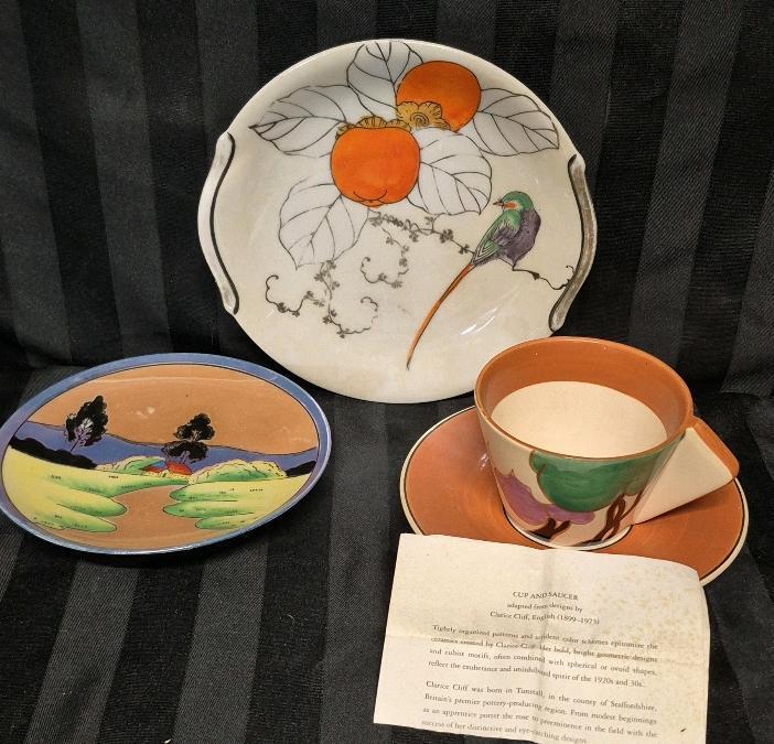 3 Vintage Hand Painted Dishes - Clarice Cliff Adapted Design Cup & Saucer