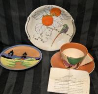 3 Vintage Hand Painted Dishes - Clarice Cliff Adapted Design Cup & Saucer