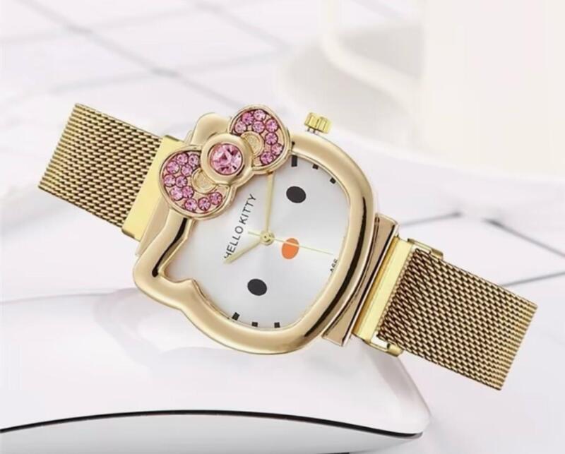 New Sanrio Kawaii Hello Kitty Watch Mesh Strap Dimentional Pink Bow with Rhinestones Ladies Watch Running Adjustable Magnetic Closure Approximately 7.5 total&rsquo;&rsquo;