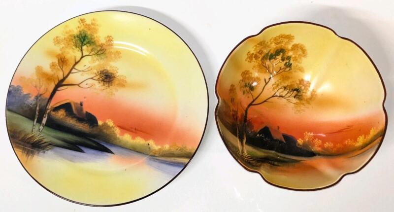 Stunning Vintage NORITAKE Japan Handpainted Triple-Footed Scalloped Bowl 5" D &times; 2.5" Tall, & Saucer 6.25" Diameter, Green Stamps