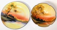 Stunning Vintage NORITAKE Japan Handpainted Triple-Footed Scalloped Bowl 5" D &times; 2.5" Tall, & Saucer 6.25" Diameter, Green Stamps