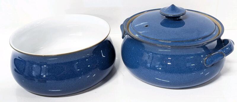 Vintage DENBY Imperial Blue Serving Bowl 7.5" D &times; 3.5" Tall & Unmarked Denby-Style Dutch Oven 7.6" D &times; 3.75" Tall, No Chips or Cracks