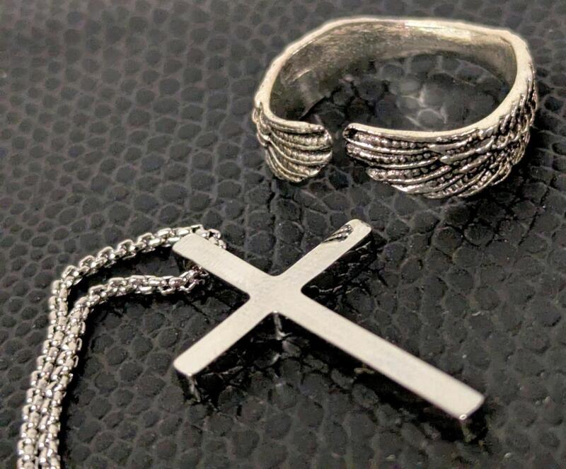 New Very Shiny Cross Necklace (Cross 1.5" On 19" Chain) + Guardian Angel / Angel Wings Open Cuff Ring