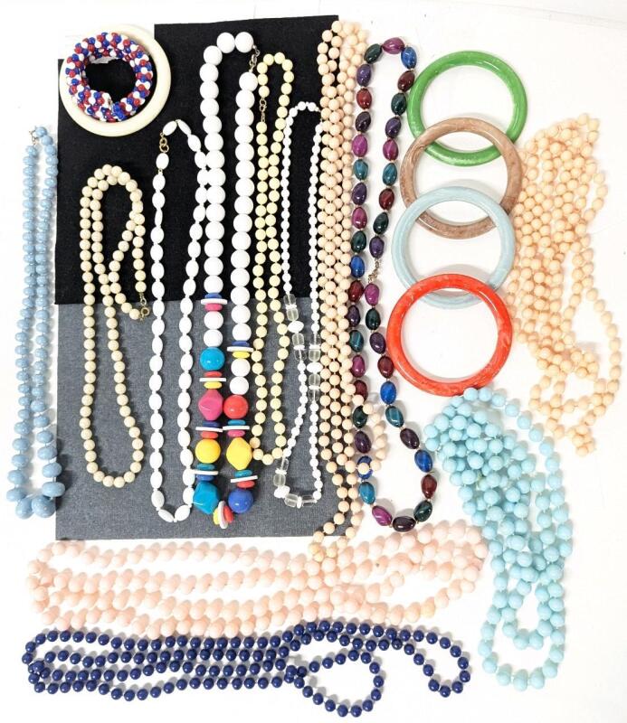 12 Vintage Beaded Necklaces Up To 62" Long, Red White & Blue Springy Coil Beaded Bracelet, 5&times; Bangles 2.5" Inner Diameter