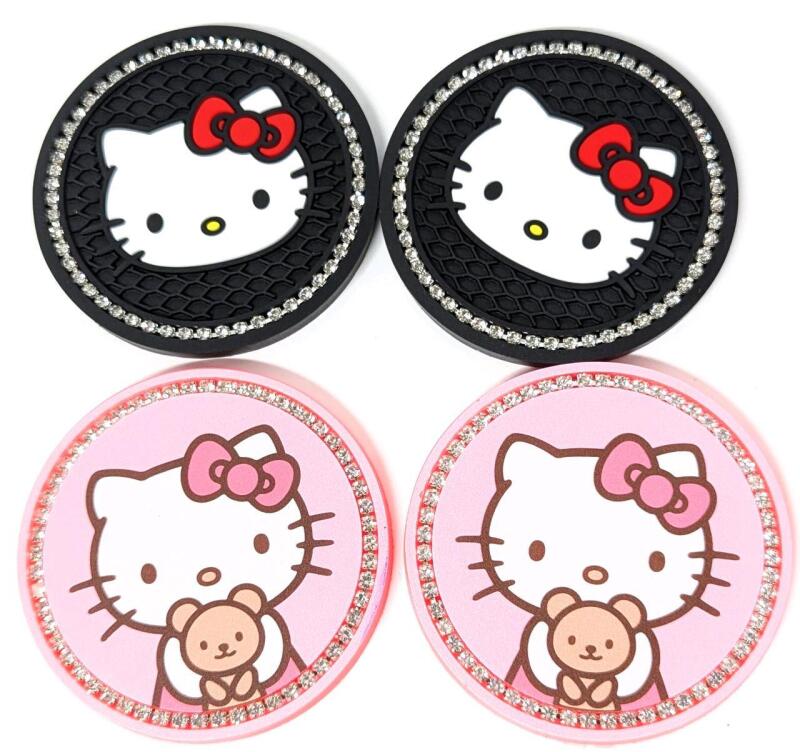 4 New 2.75" Diameter HELLO KITTY Blinged Out Silicone Car Cup Holder Inserts