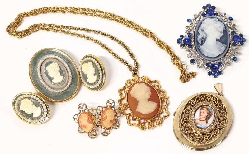 Vintage Cameo Jewelry: Porcelain Cameo Locket, Brooch With Matching Earrings, Pair of Earrings, Large Ornate Brooch, Necklace With 24" Long Chain