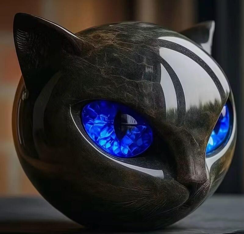 Black Cat Resin Statue - Crystal Gemstone Blue Eyes Cat Sculpture, Marble Styled Approximately 3&rsquo;&rsquo; Stunning Blue Eyes