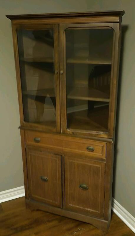 Vintage Corner Wooden China Cabinet 32.5" W, 18" Depth & 65" Tall