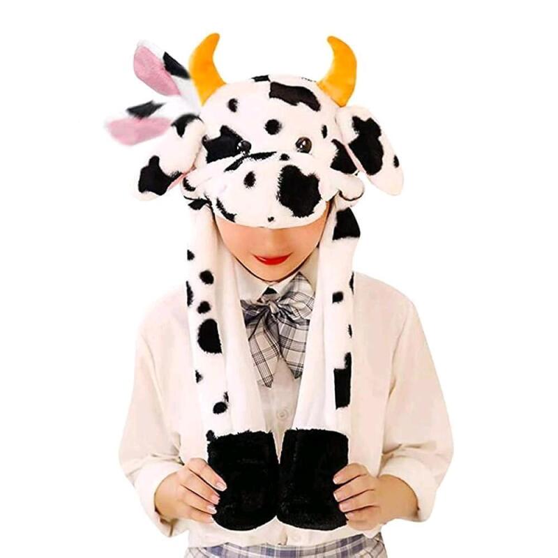 New Size Funny Plush Cow Hat with Moving Ears, One Size Fits Most Kids-Teens
