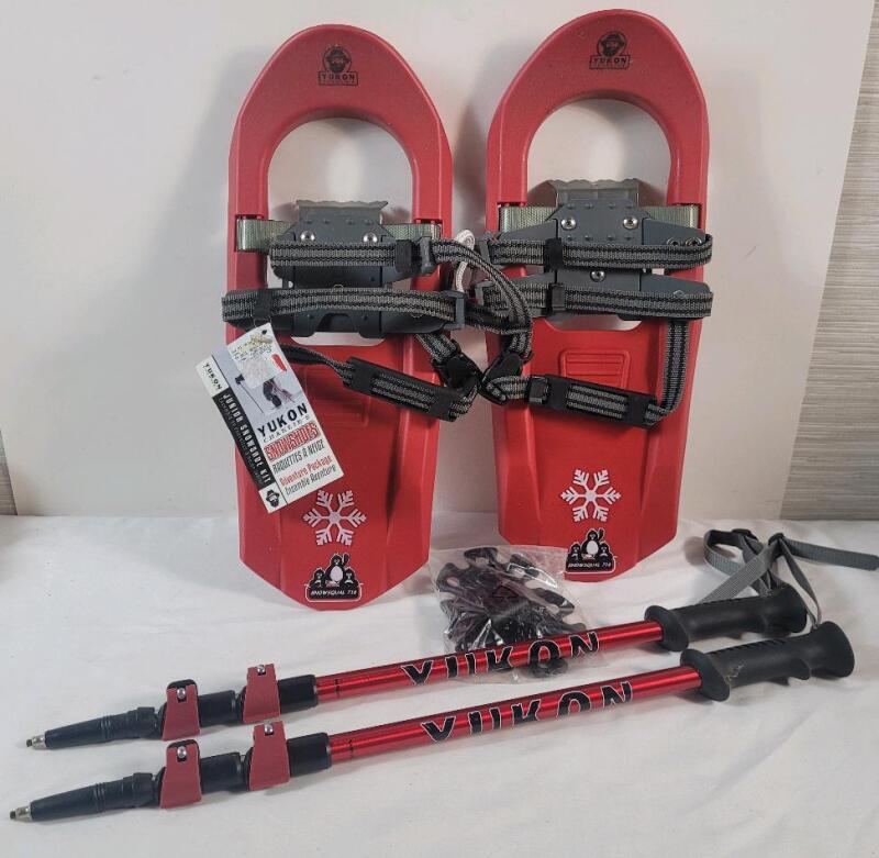 As New - Yukon Charlie's Snow Shoes & Extension Hiking Poles Combo . Snowshoes Never Used , Hiking Poles Have Been Used .
