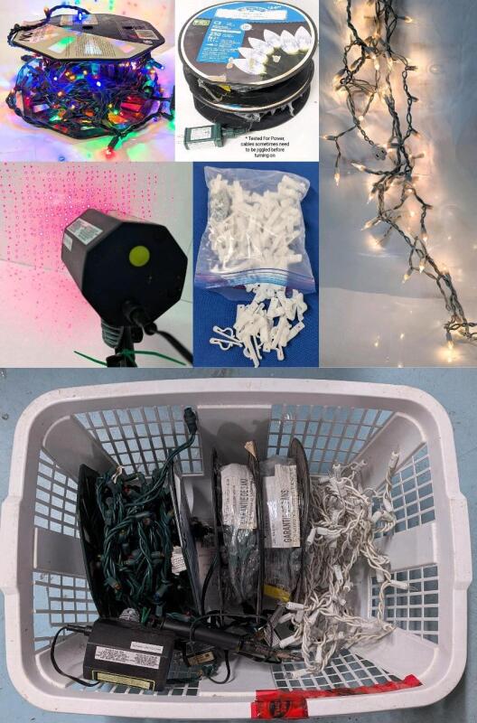 Assorted Winter Holiday Lights: 1 Strand Icicle Lights, Noma 150LED 52' Multi-Coloured Lights, Holiday Time 36.2' 250LED Cool White Lights, Yard Projector, Lifht Clips in Laundry Basket With Repaired Crack (Lights Tested)