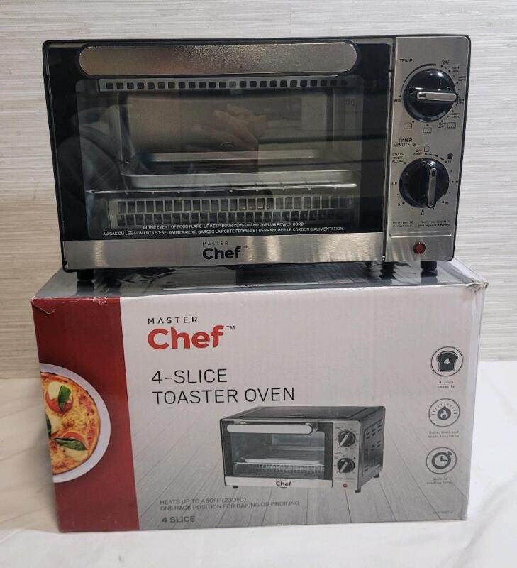 As New , Open Box - MASTER Chef 4-Slice 3-Function Toaster Oven . Tested Working . Retail New $60 . Model # 043-1047-2