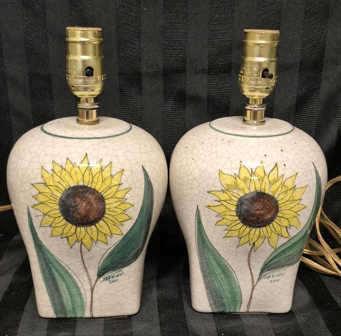 Pair of Ceramic Sunflower Table Lamps 11" Tall Signed
