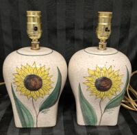 Pair of Ceramic Sunflower Table Lamps 11" Tall Signed