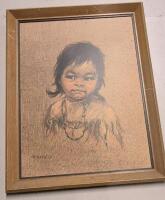 Vintage Adorable Child Framed Print "Little Bluebird" Signed Dorthy Frances 27" by 21"