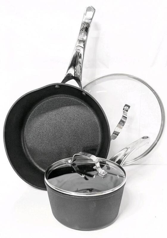 2 New (1 With Dent) STARFRIT Heritage THE ROCK Diamond, Metal & Utensil-Safe Cookware | 10.5" &times; 3" Deep Saucepan & 6.5" &times; 3.25" Pot, Both With Lids | Induction Ready, Forged Aluminum Base, Oven-Safe Stainless Steel Handles, Tempered Glass Lids, Dishwasher