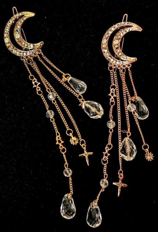Pair of The Fanciest, Most Magical Hair Pins Ever! 6.25" Long Each With AB Rhinestones, Faceted Beads & All Manner of Danglies