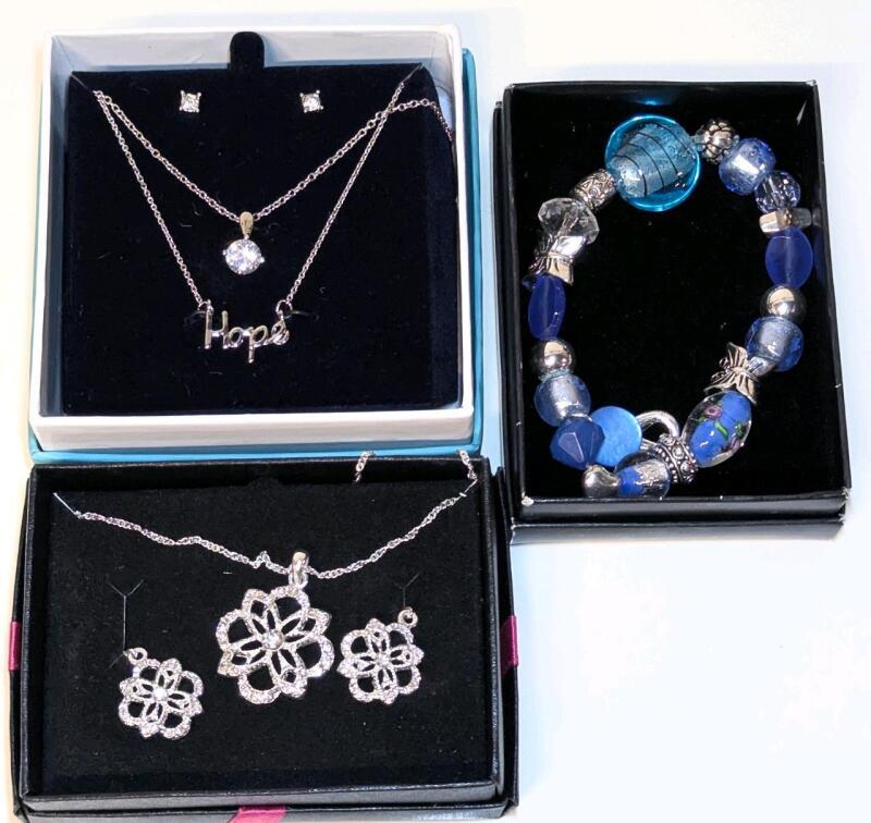 2 Great Necklace & Earrings Sets : Brilliant Cut Rhinestone Stud Earrings & Matching Necklace & Floralie Dangly Earrings & Necklace + "Hope" Necklace & Goegeous Fised Glass Bead Expansion Bracelet. Necklaces Around 18" Long