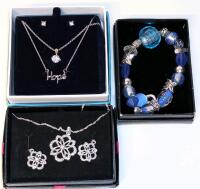 2 Great Necklace & Earrings Sets : Brilliant Cut Rhinestone Stud Earrings & Matching Necklace & Floralie Dangly Earrings & Necklace + "Hope" Necklace & Goegeous Fised Glass Bead Expansion Bracelet. Necklaces Around 18" Long