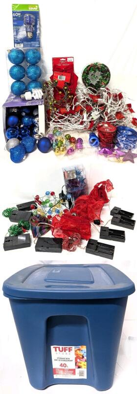 3 Clear Star & Red Bow Light Strings, 1 New 1 Opened 60W Blue 60W Bulbs, Assorted Baubles, Ornaments, Tinsel Garland, Wired Ribbon, 8&times; Battery Lights, All in a 40L (19.75" &times; 14.5" &times; 13.25") Lidded Bin, Lights Strings Tested For Power, Bulbs & Battery Lig
