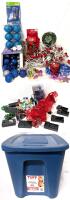 3 Clear Star & Red Bow Light Strings, 1 New 1 Opened 60W Blue 60W Bulbs, Assorted Baubles, Ornaments, Tinsel Garland, Wired Ribbon, 8&times; Battery Lights, All in a 40L (19.75" &times; 14.5" &times; 13.25") Lidded Bin, Lights Strings Tested For Power, Bulbs & Battery Lig