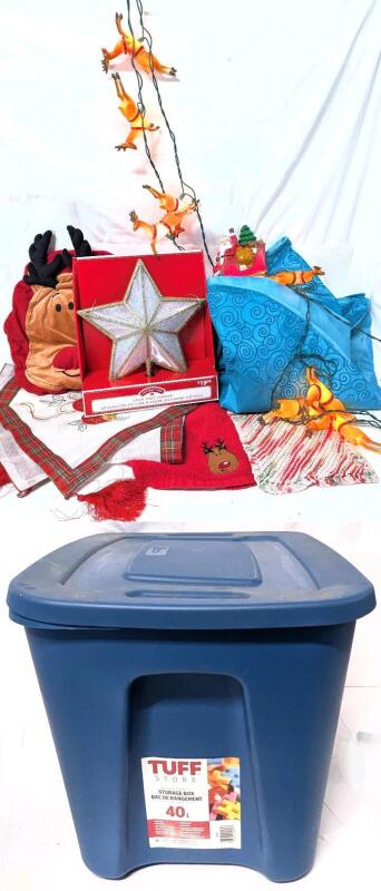 Assorted Holiday Textiles: Teal Tree Skirt, Reindeer Toilet Swmeat Cover & Rug, Face Cloth, Light-Up Santa & Reindeers, New Holiday Time Star Tree Topper All in a 40L (19.75" &times; 14.5" &times; 13.25") Lidded Bin