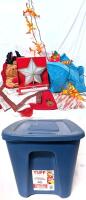 Assorted Holiday Textiles: Teal Tree Skirt, Reindeer Toilet Swmeat Cover & Rug, Face Cloth, Light-Up Santa & Reindeers, New Holiday Time Star Tree Topper All in a 40L (19.75" &times; 14.5" &times; 13.25") Lidded Bin