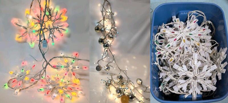 Assorted Exterior Christmas Lights incl White, Blue, Snowflake-Shaped, White/Blue With Attached Baubles All in a 40L (19.75" &times; 14.5" &times; 13.25") Lidded Bin, Tested For Power