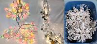 Assorted Exterior Christmas Lights incl White, Blue, Snowflake-Shaped, White/Blue With Attached Baubles All in a 40L (19.75" &times; 14.5" &times; 13.25") Lidded Bin, Tested For Power