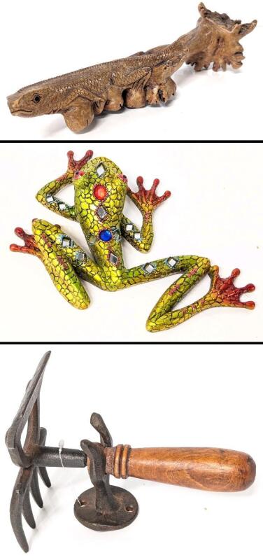 Vintage Folk Art Cand Carved Wooden Lizard 11.5" Long, Bejeweled Climbing Tree Frog Wall Art 7.5" Long & New Double Rake/Scrape Garden Tool With Wall Hook 6.6" Long