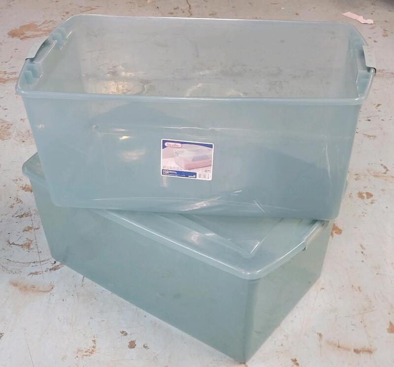 Two (2) Sterilite 99L Storage Bins w/One (1) Lid . Each measures 32"&times;19"&times;13"