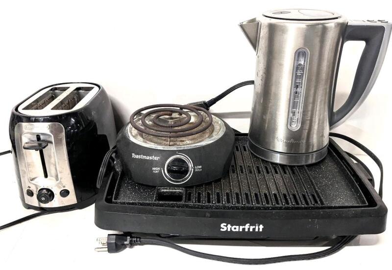4 Kitchen Appliances: Starfrit Tabletop Griddke, Toastmaster Portable Single Burner, Black + Decker Toaster & Moulinex Kettle, All Tested For Power, All Would Benefit From a Wipe-Down
