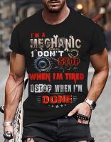 New Men's Size XL Novelty Mechanic Humor T-Shirt - "I'm A Mechanic I Don't Stop When I'm Tired" Black with Red & Blue Print - Casual Everyday Shirt for Automotive Professionals - Machine Washable Bold Print Stock photos added