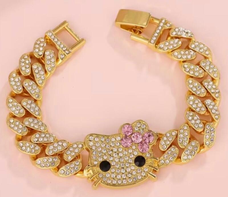 Hello Kitty Cuban Link Bracelet Sanrio Kawaii Rhinestones Snap Over Clasp approximately 7 inch total Stock photos added 6.5&rsquo;&rsquo; wearable