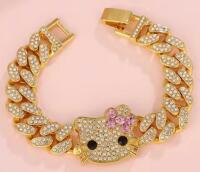Hello Kitty Cuban Link Bracelet Sanrio Kawaii Rhinestones Snap Over Clasp approximately 7 inch total Stock photos added 6.5&rsquo;&rsquo; wearable