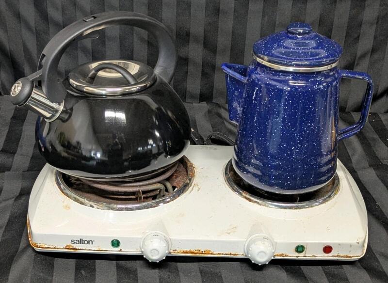 Salton Portable 2-Burner Cooktop (Tested For Power), Master Chef 0418 Kettle & Enamel Coffee Pot With Percolator