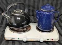 Salton Portable 2-Burner Cooktop (Tested For Power), Master Chef 0418 Kettle & Enamel Coffee Pot With Percolator