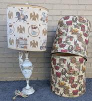 Vintage Ornate Vase-Style Lamp With Winged Lion (Working) & Americana Shade + 2 Vintage American Print Shades 15" Diameter &times; 15" Tall, Some Spotting Inside Extra Shades, Light Bulb Not Included